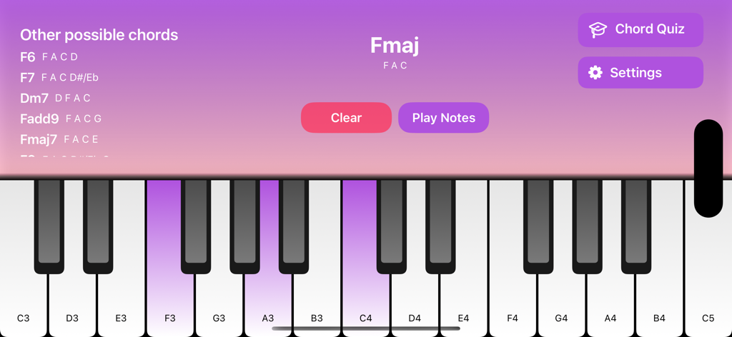 Interface de teclado de piano no aplicativo Chords Finder identificando um acorde Fá Maior com uma lista de outras variações de acordes possíveis