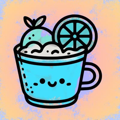 a cup of lemonade, with a lemon on the cup