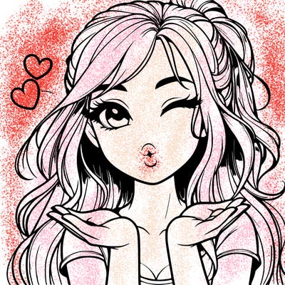 realistic girl winking and blowing a kiss while making heart hands