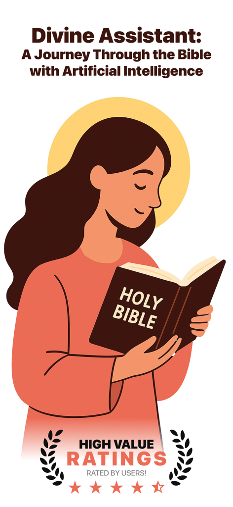 Una ilustración de una mujer leyendo la Santa Biblia con el titular Asistente Divino y una insignia de calificación de cinco estrellas.