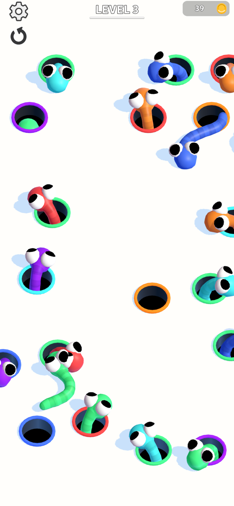 Hole Worm - Colorful cartoon worms with big eyes matching colored holes in a minimalist puzzle game level.
