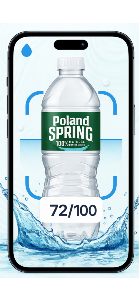 Scanning a Poland Spring water bottle with the H2o Score app to reveal a purity score of 72 out of 100.