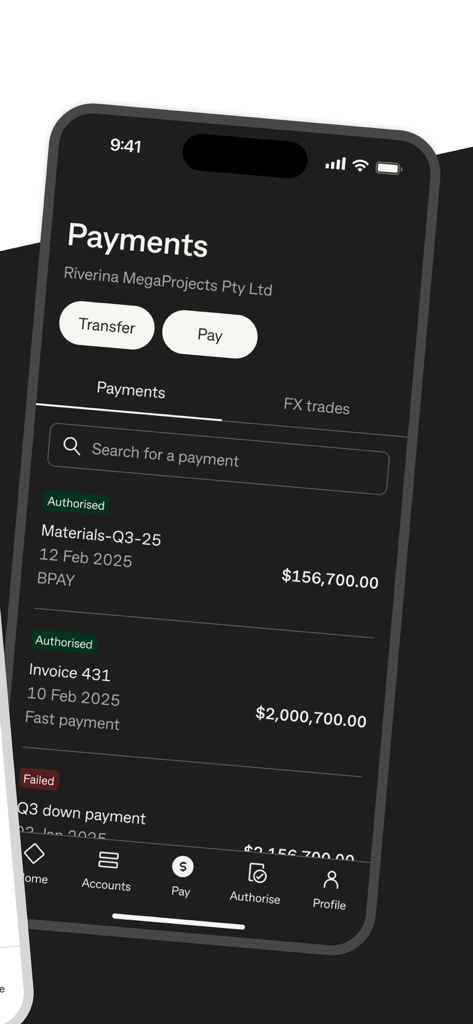 CommBiz app screen showing business payment transactions and status