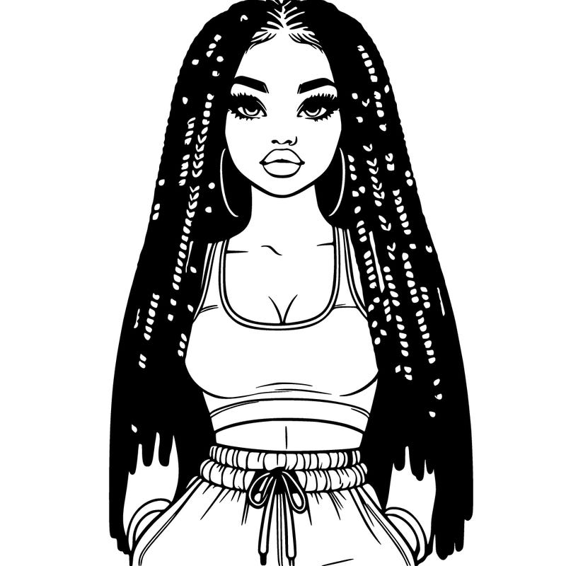 realistic woman with box braids wearing sweatpants and a crop top