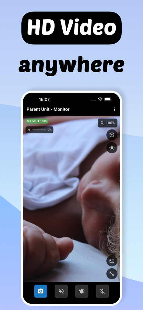 Baby Monitor Camera - NannyCam - Smartphone screen showing a live HD video feed of a sleeping baby via NannyCam app