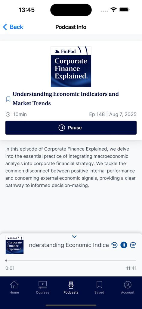 CFI: Real-World Finance - CFI App-Oberfläche, die eine Podcast-Episode zu Wirtschaftsindikatoren und Markttrends anzeigt.