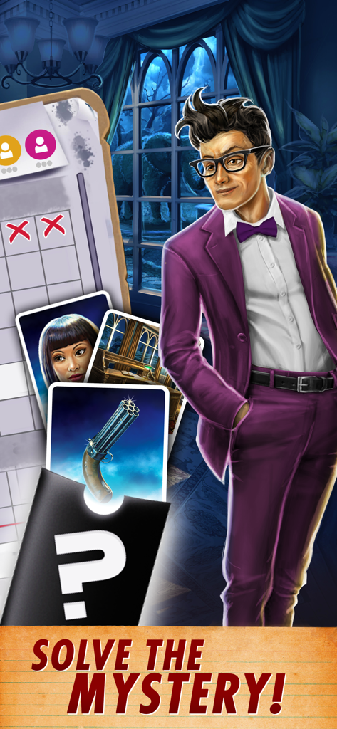 Clue: Classic Edition - Professor Plum character with a detective clue sheet and mystery game cards in Clue Classic Edition.