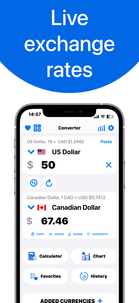 Interface of the Currency Converter Calculator app showing a conversion from US Dollars to Canadian Dollars with live exchange rates