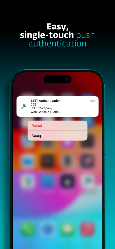 ESET Secure Authentication - ESET Secure Authentication push notification on an iPhone showing options to accept or reject a login request