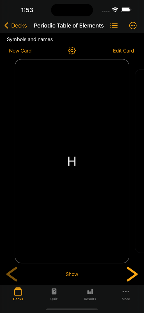 Flashcards - Build Your Own - Interfaz en modo oscuro de una aplicación de tarjetas de memoria que muestra un mazo de la Tabla Periódica de los Elementos con una tarjeta para Hidrógeno.