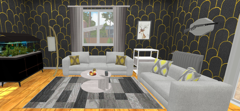 Modern interior design of a living room with grey sofas and gold patterned wallpaper in House Craft