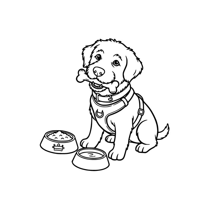 a portuguese water dog next to a food and water the dog has a ball or a bone in its mouth. the dog is wearing a collar and a harness. the dog only has one eye and three legs.