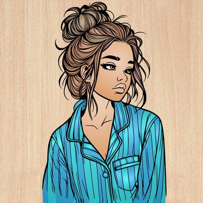 realistic woman with pajamas on and a messy bun