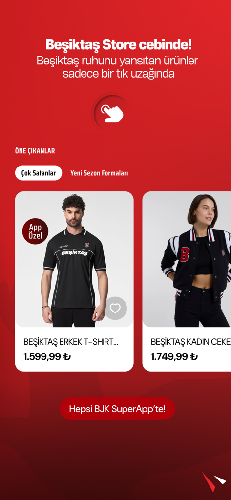 BJK SuperApp - Interfaz de la tienda oficial de Beşiktaş JK en BJK SuperApp mostrando mercancía destacada y artículos para fans