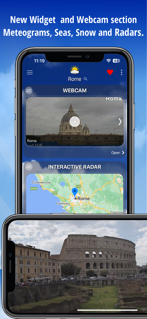 Interfaccia dell'app Meteo Plus che mostra webcam live di Roma e una mappa radar meteo interattiva