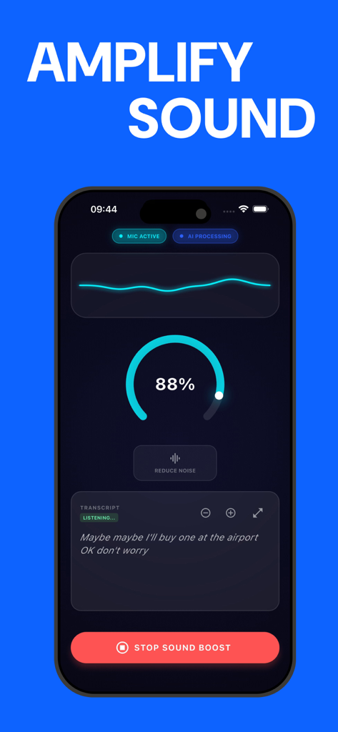 Hearing Aid & Sound Amplifier - Hearing Aid and Sound Amplifier app interface on iPhone featuring sound amplification and live speech transcription