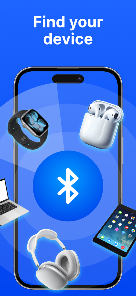 Device Tracker – Find Phone - A smartphone screen with a Bluetooth icon surrounded by lost devices like AirPods and Apple Watch