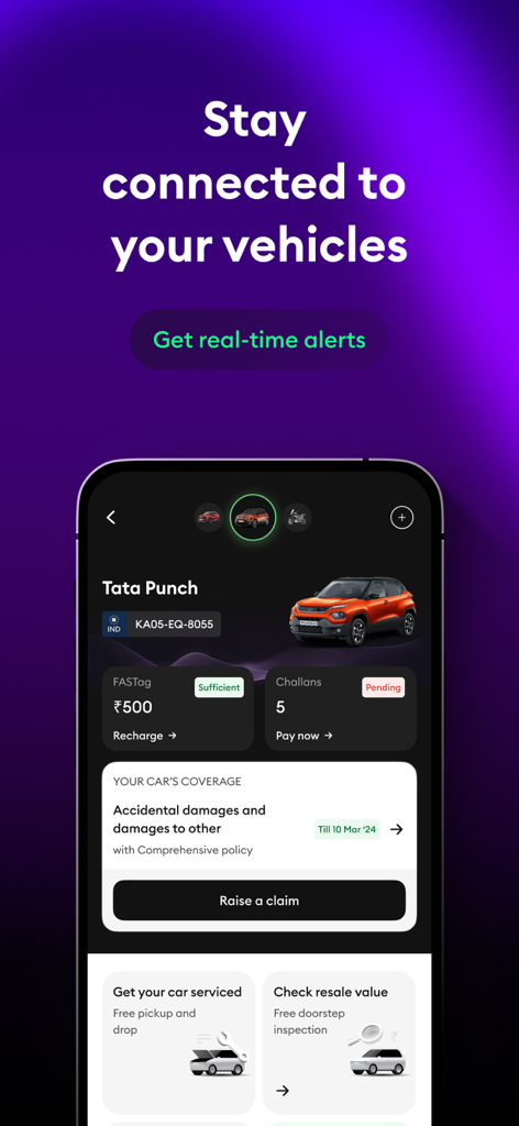 A smartphone showing the ACKO insurance app dashboard with vehicle insurance details, FASTag balance, and traffic challan status