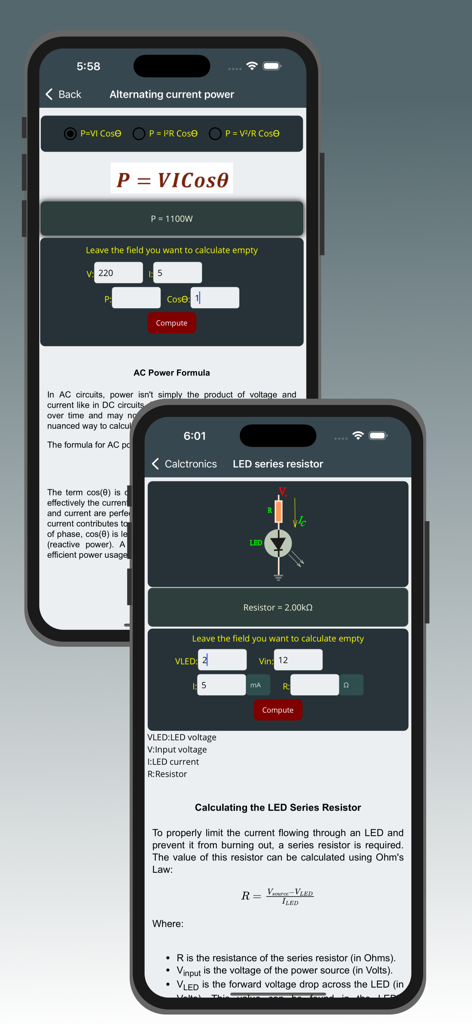 Electrocalc - electronics App - Electrocalc app interface showing alternating current power and LED series resistor calculators.