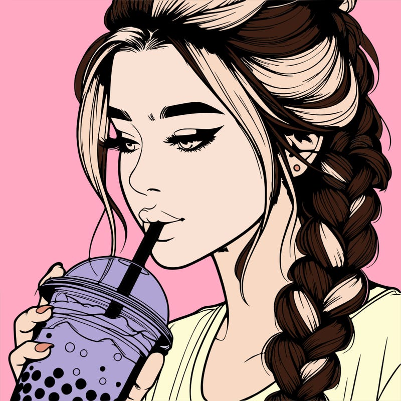 realistic girl drinking boba tea with braided hair