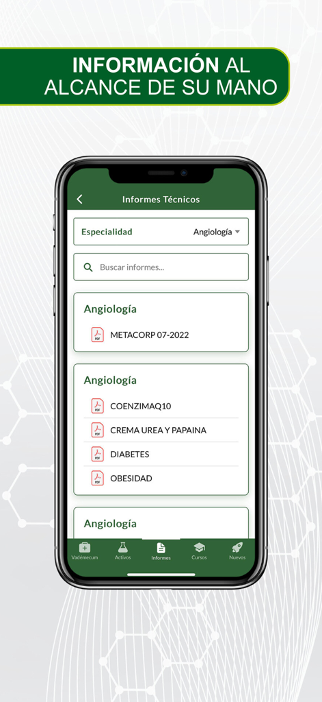 Farmacia Artesanal - Sección de informes técnicos en la app Farmacia Artesanal mostrando una lista de documentos PDF médicos para profesionales.