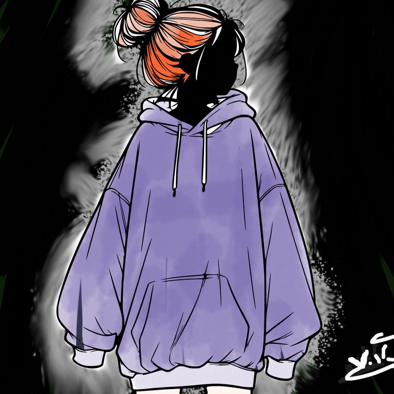 realistic girl with a oversized sweatshirt on and a bun
