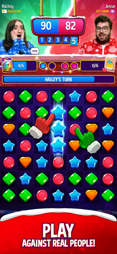 Two people competing in a live PvP match three battle in Match Masters