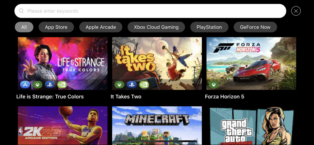 ShanWan Controller - Aplicativo ShanWan Controller mostrando uma biblioteca de jogos compatíveis com controle do Xbox, PlayStation e Apple Arcade