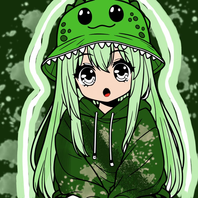 girl with anime shaped eyes with a dinosaur bucket hat oversized sweatshirt long straight hair