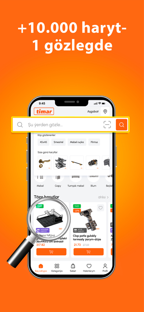 Timar - Mobile app interface of Timar showing a search bar and a catalog of over 10000 furniture hardware products.
