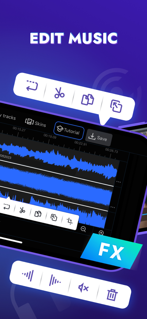Audio Editor Tool: Edit Music - Audio Editor Toolアプリのインターフェース。波形と編集アイコンを表示。
