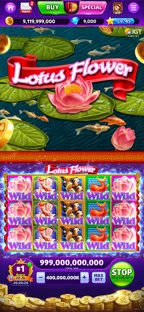 Cash Rally - Slots Casino Game - Lotus Flower themed slot machine gameplay in Cash Rally app with a large coin win
