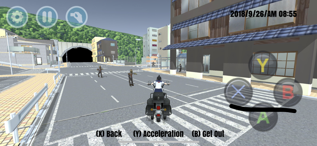 Anime girl riding a motorcycle on a city street with zombies in HighSchool Simulator GirlA