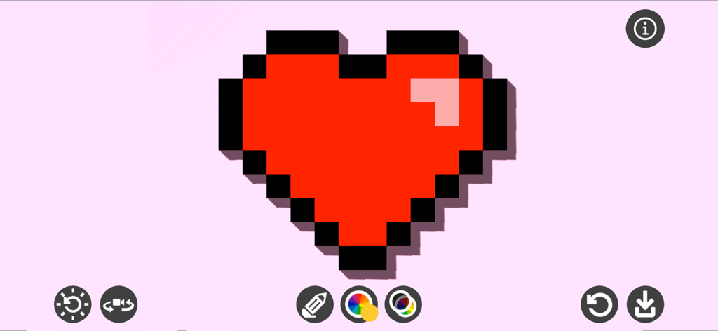 Pixel Draw 3D - Ein rotes 3D-Pixelkunst-Herz mit Schatten und Lichtern, erstellt in der App-Oberfläche