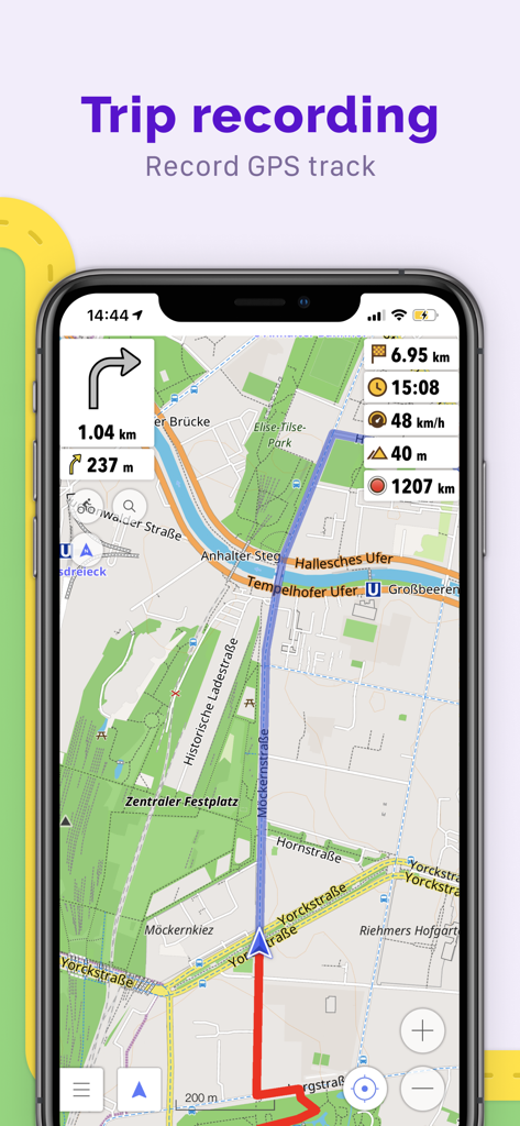 Interfaccia dell'app OsmAnd che mostra la registrazione del viaggio GPS su una mappa dettagliata con metriche di navigazione come velocità e distanza