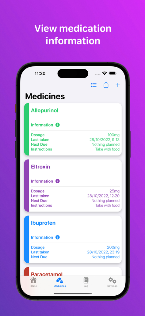 Medication tracker & reminders - Uma lista de medicamentos com dosagens e horários da última ingestão na interface do aplicativo de rastreamento de medicação