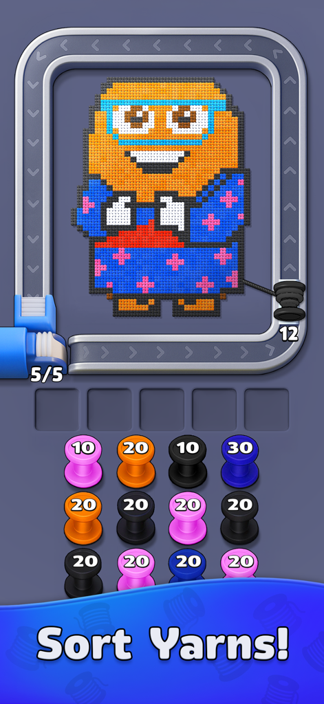 Yarn Flow - Yarn Flow mobile game interface showing colored bobbins collecting stitches from a knitted character on a conveyor belt track