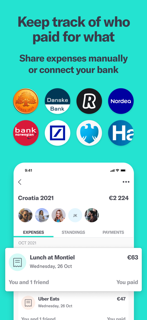 Steven app screen showing bank integration options and a shared expense list for a group trip