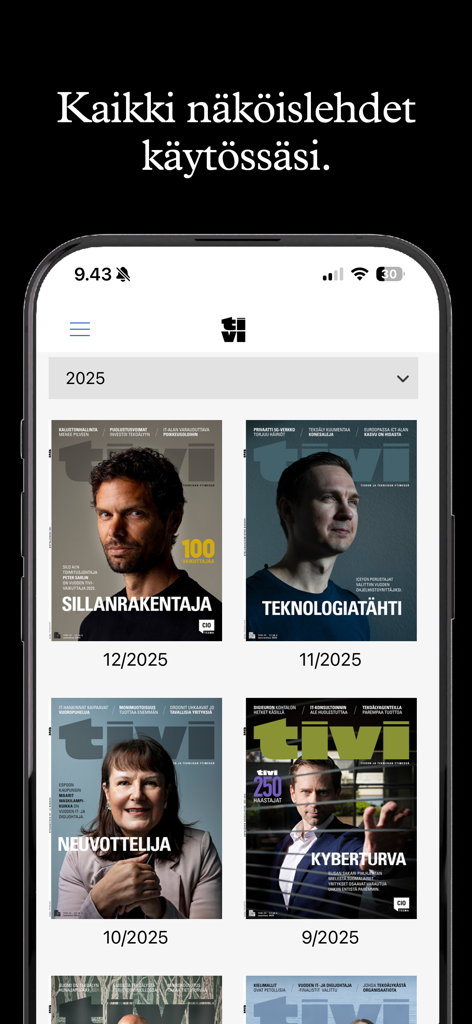 Tivi - Interfaz de la aplicación Tivi mostrando una cuadrícula de portadas de revistas digitales del archivo de 2025.