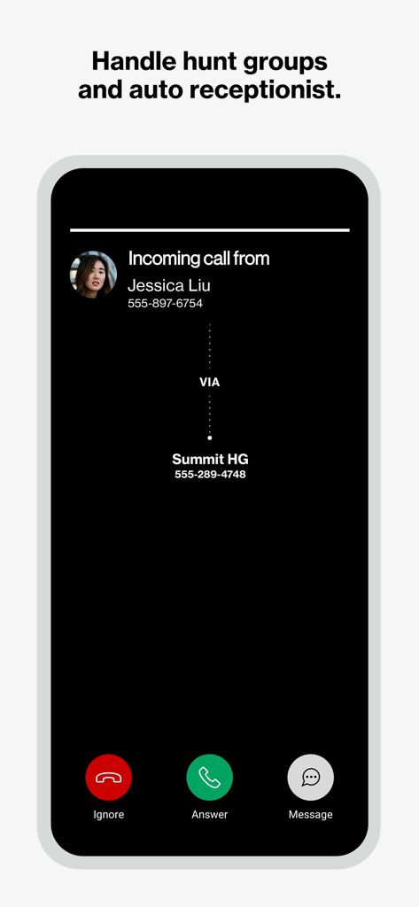 Verizon One Talk - Verizon One Talk app interface showing an incoming call via a business hunt group