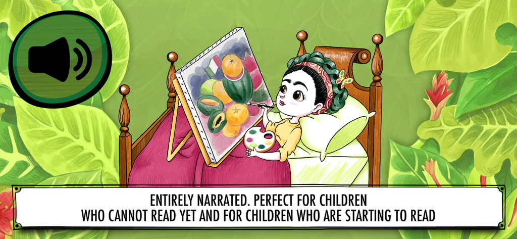 Cartoon illustration of Frida Kahlo painting from her bed in a narrated educational app for children