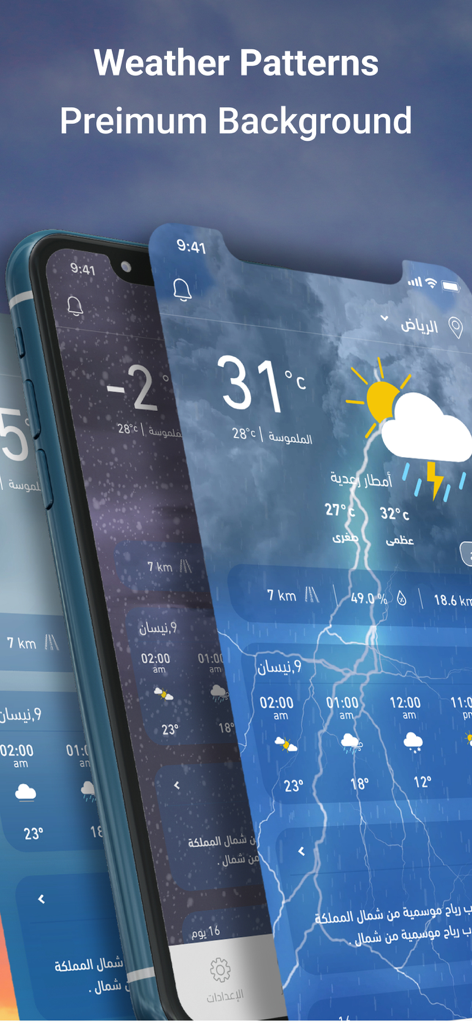 Rasidweather mobile app interface displaying thunderstorm and snow weather patterns with Arabic text