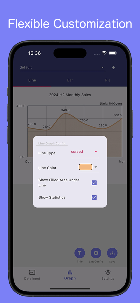 Customization menu for a curved line graph in the Graph Maker app showing color and area fill settings