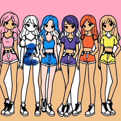 a group of girls wearing crop tops and shorts