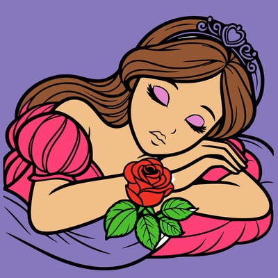 a fairytale princess sleeping with her hands crossed on her chest and a rose on her chest realistic
