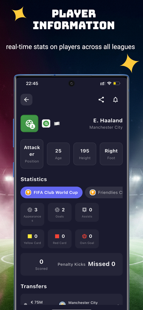 FutBR - futebol Ao Vivo - Interfaccia dell'app FutBR che mostra informazioni sui giocatori di calcio e statistiche in tempo reale per Erling Haaland.