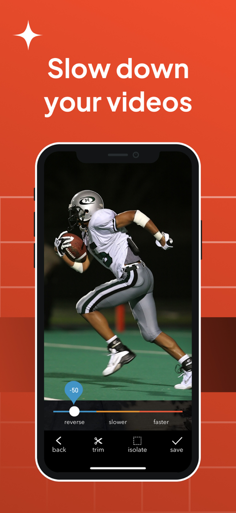 Interface do aplicativo Slo Mo mostrando um mostrador de controle de velocidade para desacelerar um vídeo de um jogador de futebol correndo