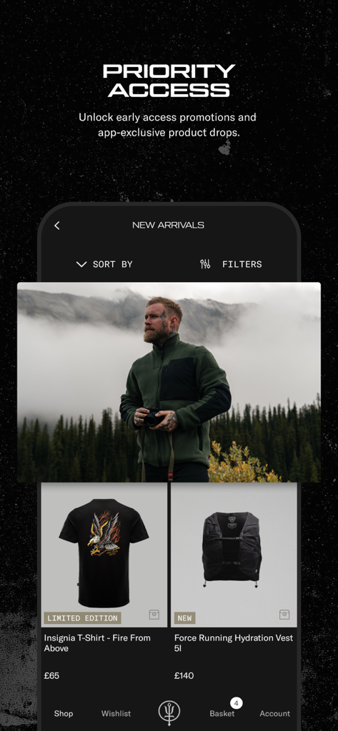 Mobile app interface for ThruDark showing priority access to new arrivals and technical outdoor clothing
