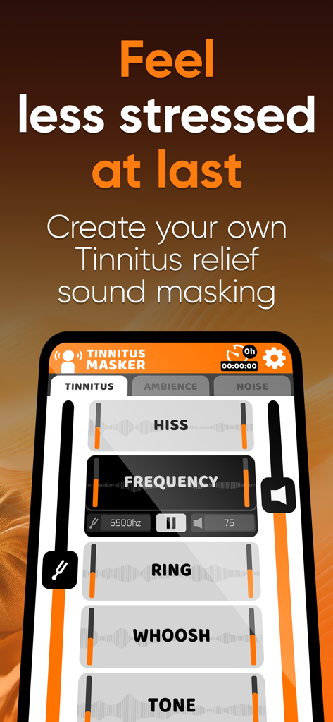 ™Tinnitus Relief Sound Masking - Interface of the Tinnitus Relief Sound Masking app showing custom sound controls for hiss, ring, and whoosh