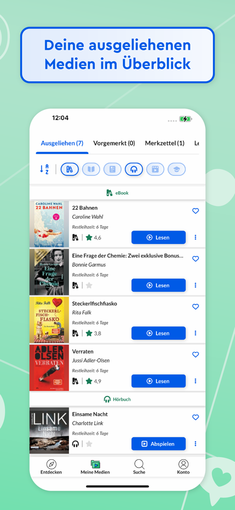 Onleihe 3 - Une liste de livres électroniques et de livres audio empruntés dans l'interface de l'application mobile Onleihe 3